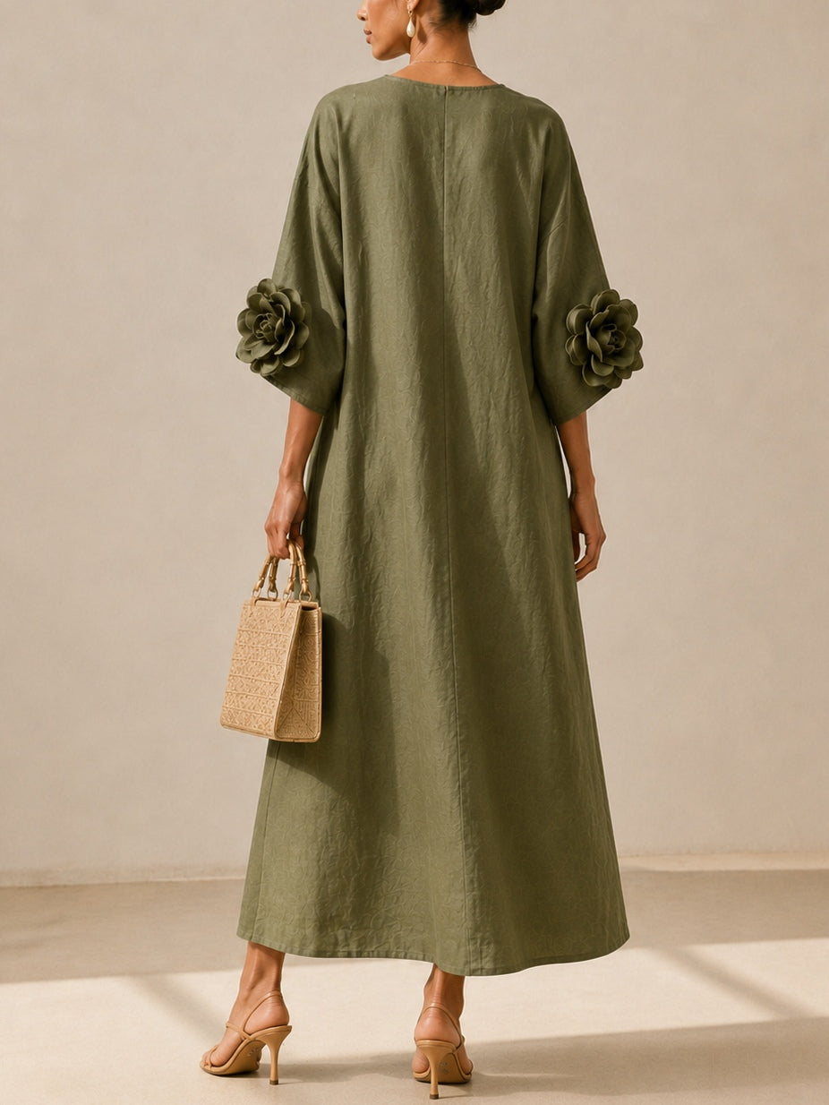 Olive V-Neck Midi Dress with Statement Floral Sleeves