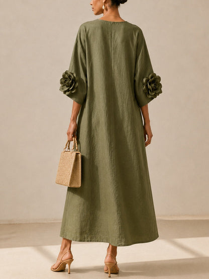 Olive V-Neck Midi Dress with Statement Floral Sleeves