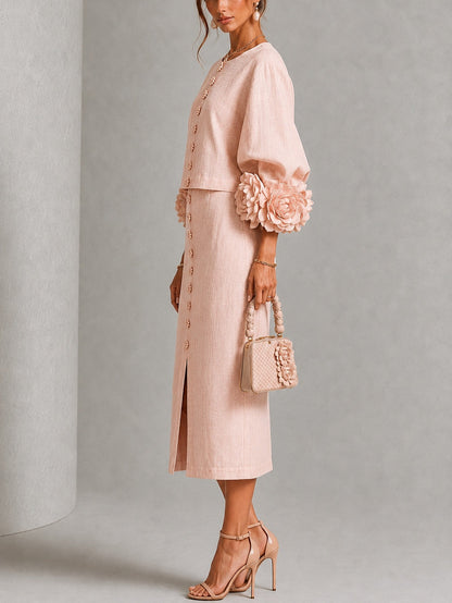 Pink Floral Button-Front Top and Skirt Set with Statement Sleeves