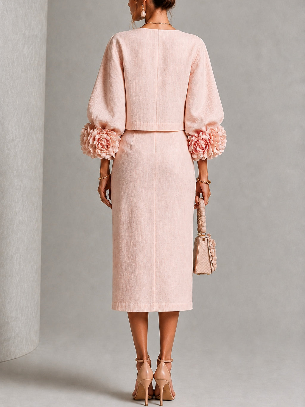 Pink Floral Button-Front Top and Skirt Set with Statement Sleeves