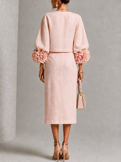 Pink Floral Button-Front Top and Skirt Set with Statement Sleeves