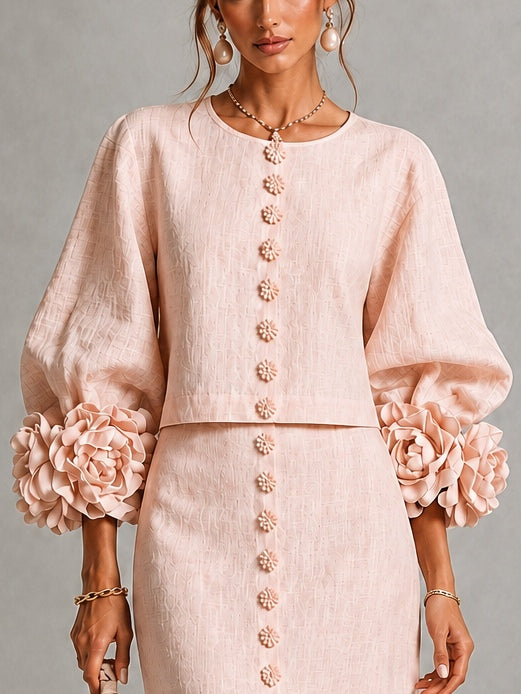 Pink Floral Button-Front Top and Skirt Set with Statement Sleeves