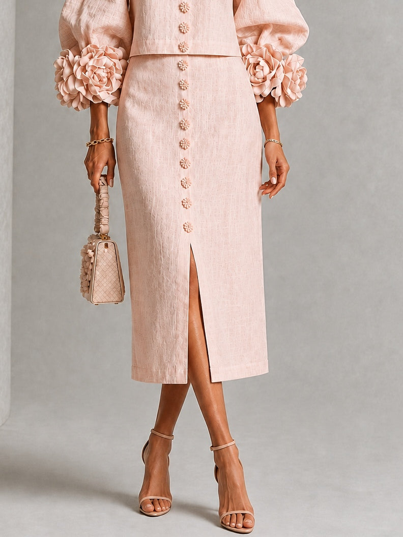 Pink Floral Button-Front Top and Skirt Set with Statement Sleeves