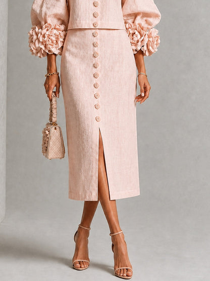Pink Floral Button-Front Top and Skirt Set with Statement Sleeves