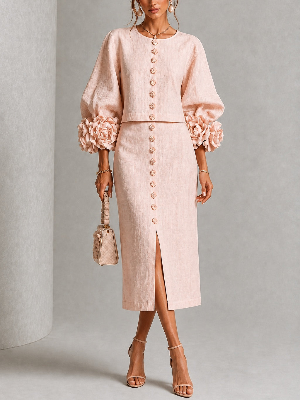 Pink Floral Button-Front Top and Skirt Set with Statement Sleeves