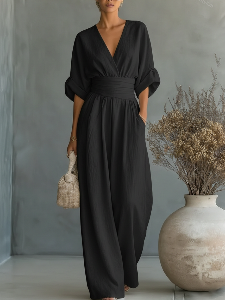 Elegant High-Waisted V-Neck Summer Jumpsuit