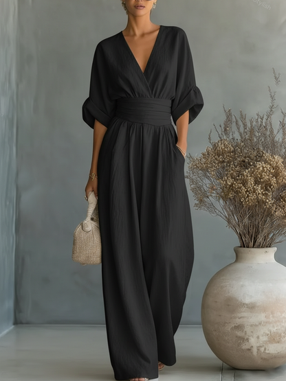 Elegant High-Waisted V-Neck Summer Jumpsuit