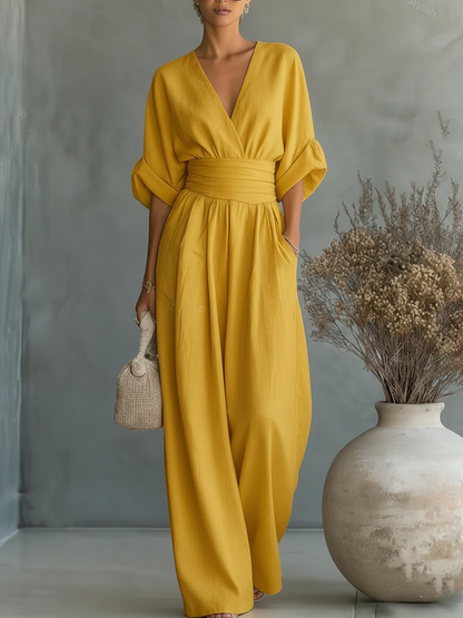 Elegant High-Waisted V-Neck Summer Jumpsuit