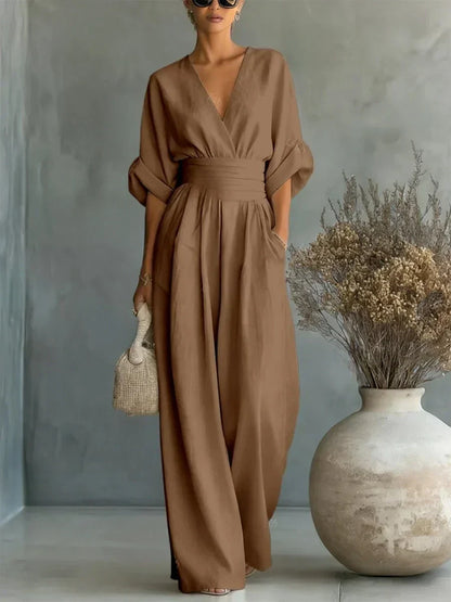 Elegant High-Waisted V-Neck Summer Jumpsuit