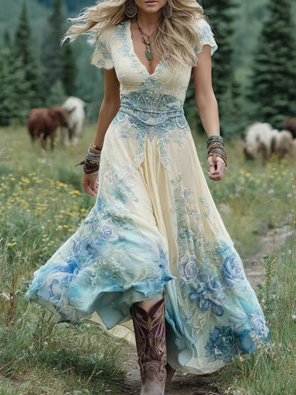 Bohemian Floral Maxi Dress with V-Neck