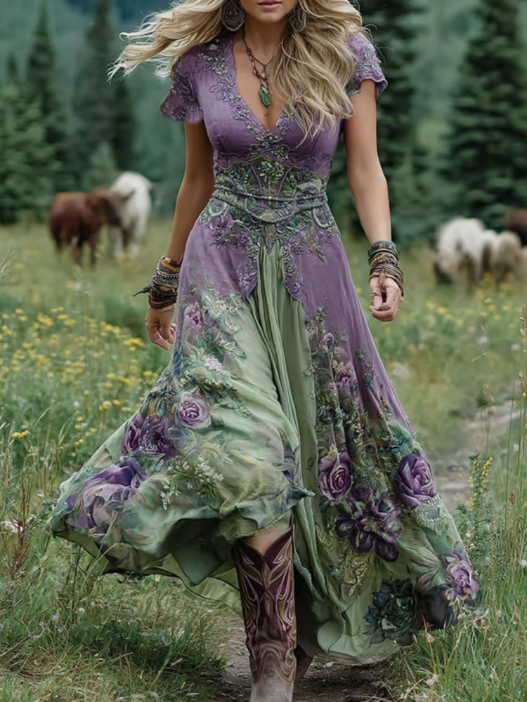 Bohemian Floral Maxi Dress with V-Neck