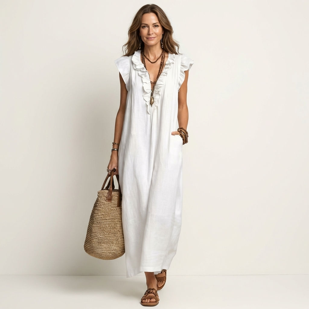 Josette | Linen Maxi Dress with Ruffled V-Neck
