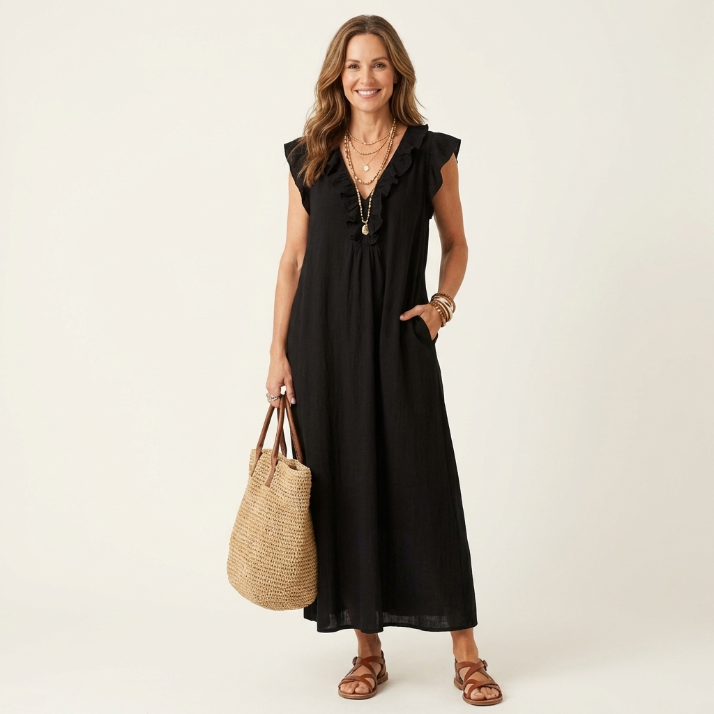 Josette | Linen Maxi Dress with Ruffled V-Neck