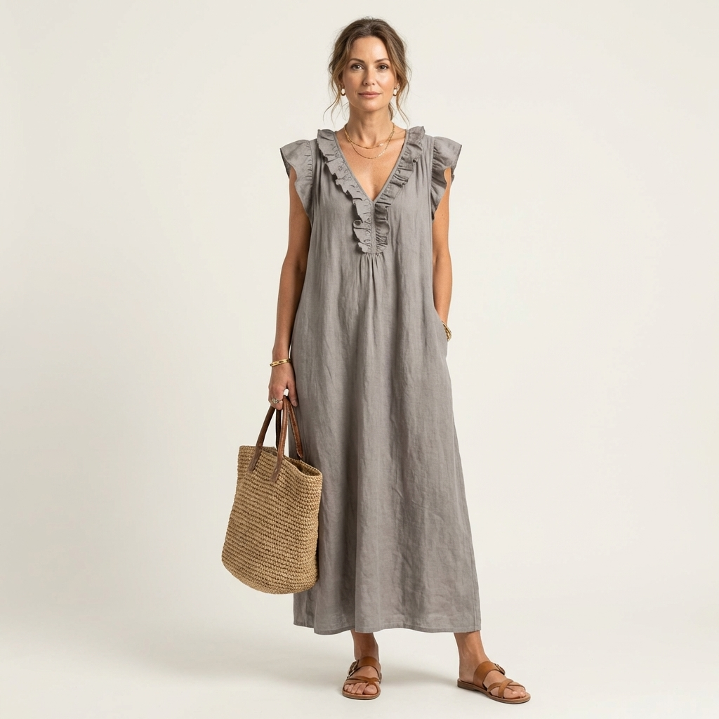 Josette | Linen Maxi Dress with Ruffled V-Neck