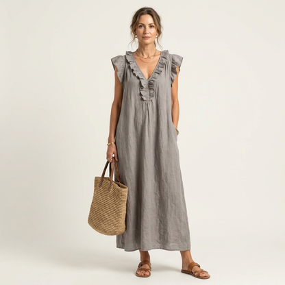 Josette | Linen Maxi Dress with Ruffled V-Neck
