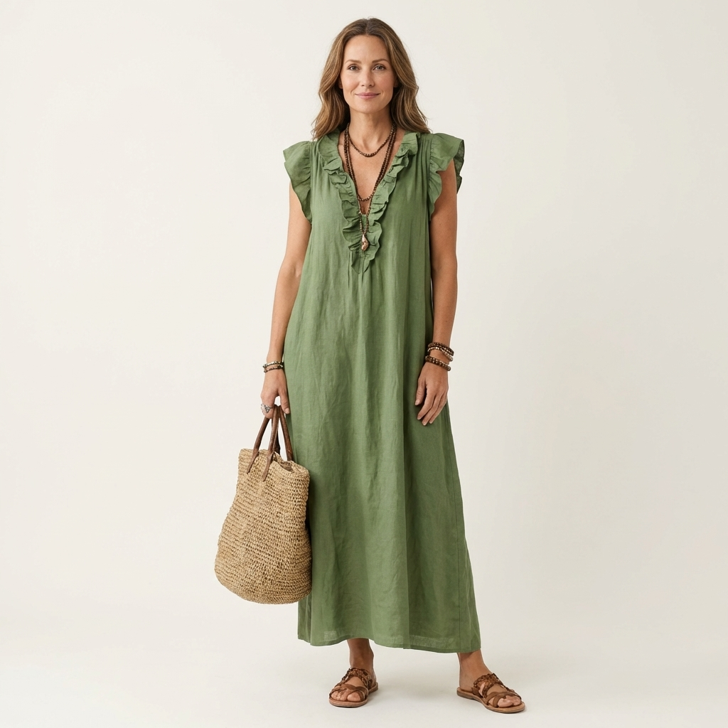 Josette | Linen Maxi Dress with Ruffled V-Neck