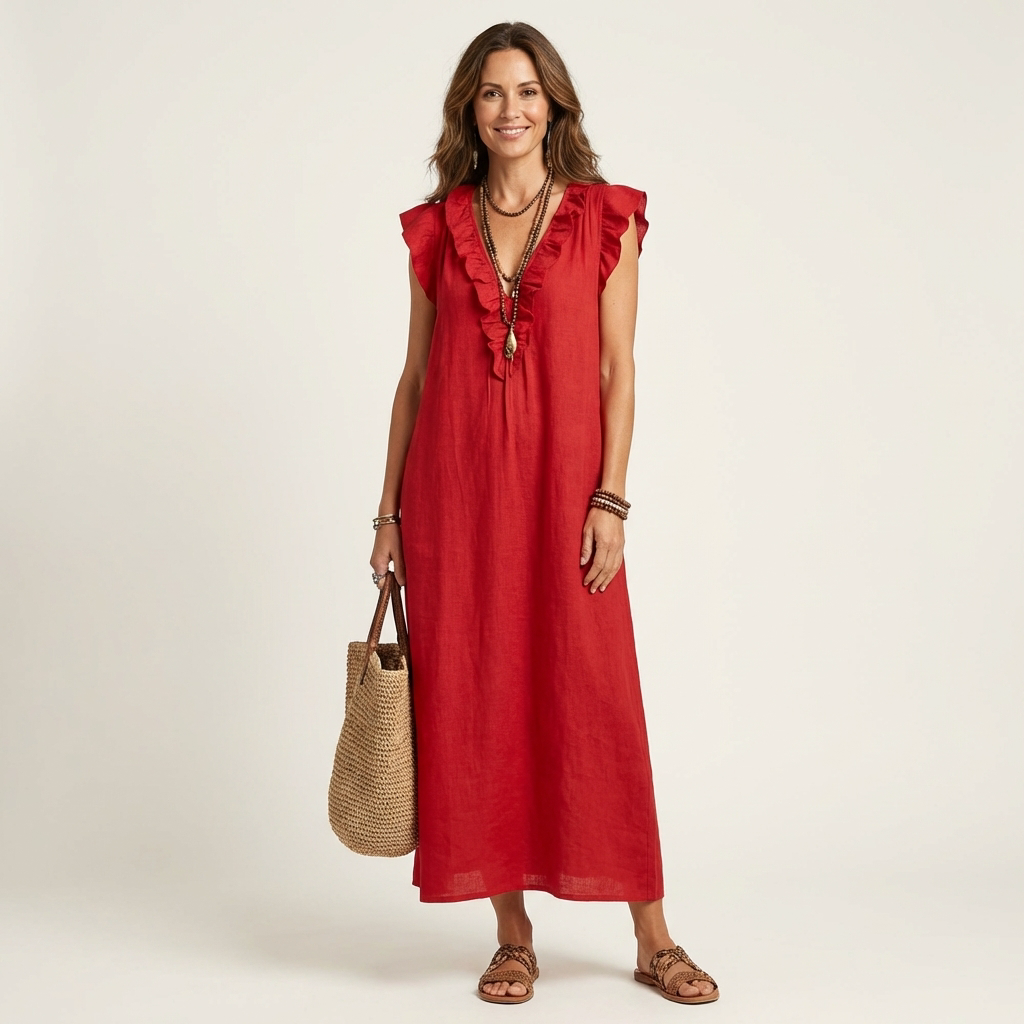 Josette | Linen Maxi Dress with Ruffled V-Neck
