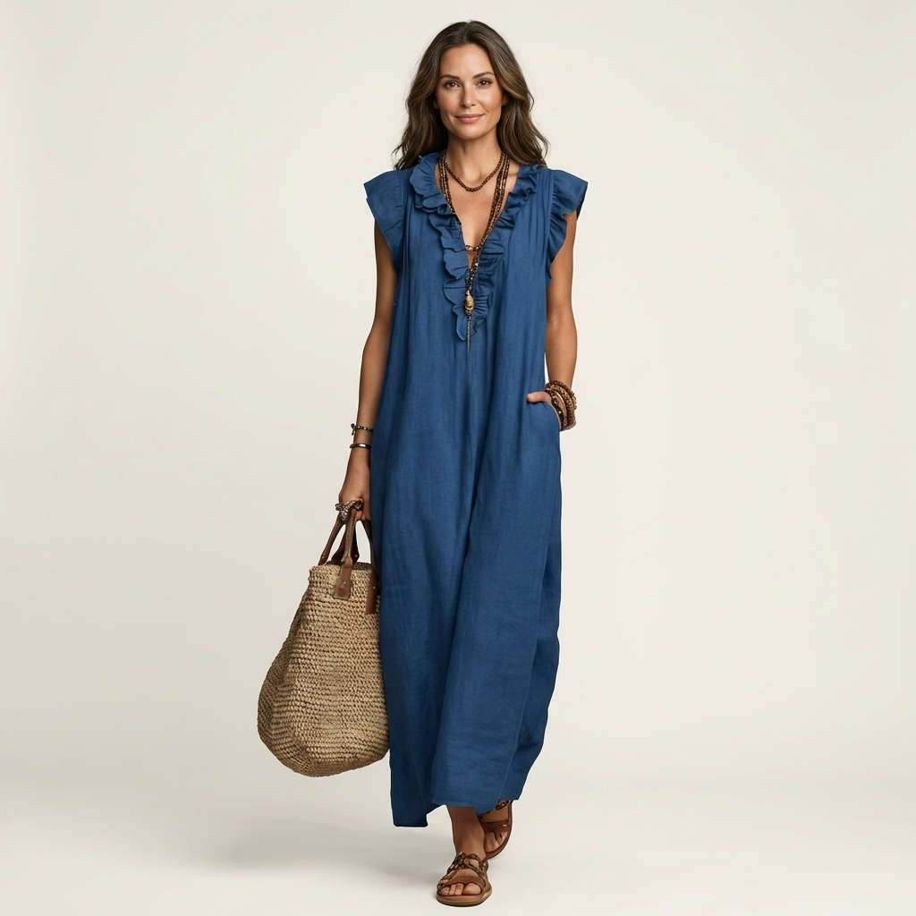 Josette | Linen Maxi Dress with Ruffled V-Neck