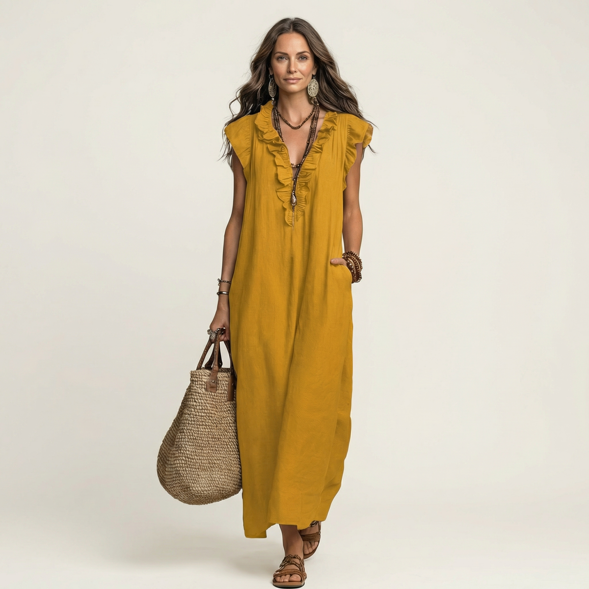 Josette | Linen Maxi Dress with Ruffled V-Neck