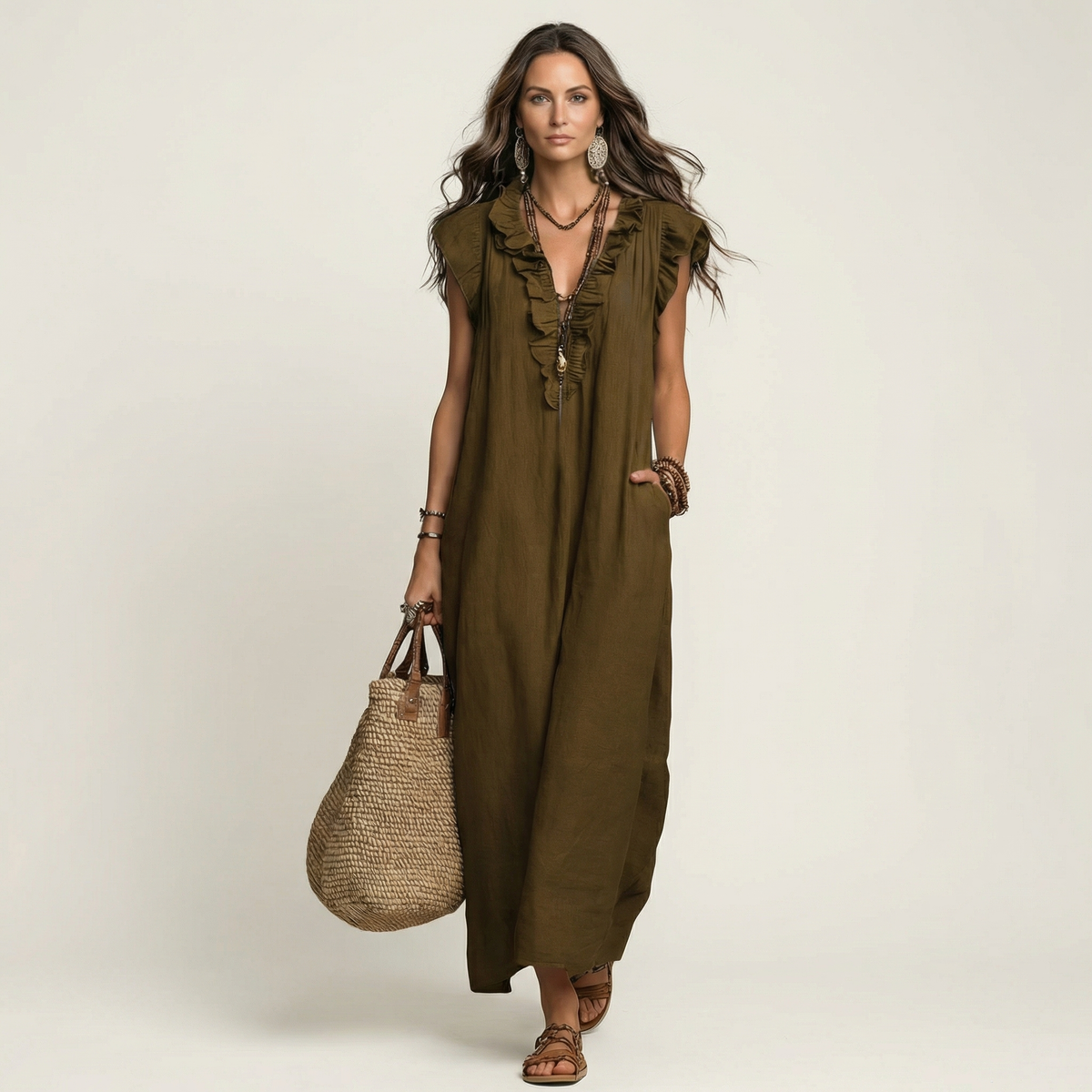 Josette | Linen Maxi Dress with Ruffled V-Neck