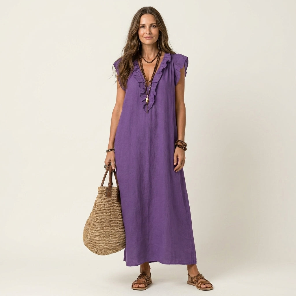 Josette | Linen Maxi Dress with Ruffled V-Neck