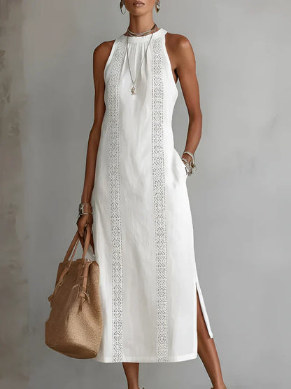 Valeria | Elegant Cotton-Linen Midi Dress with Mandarin Collar