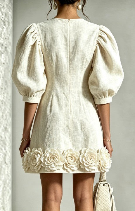 White Cotton-Linen Mini Dress with 3D Ruffle Sleeves