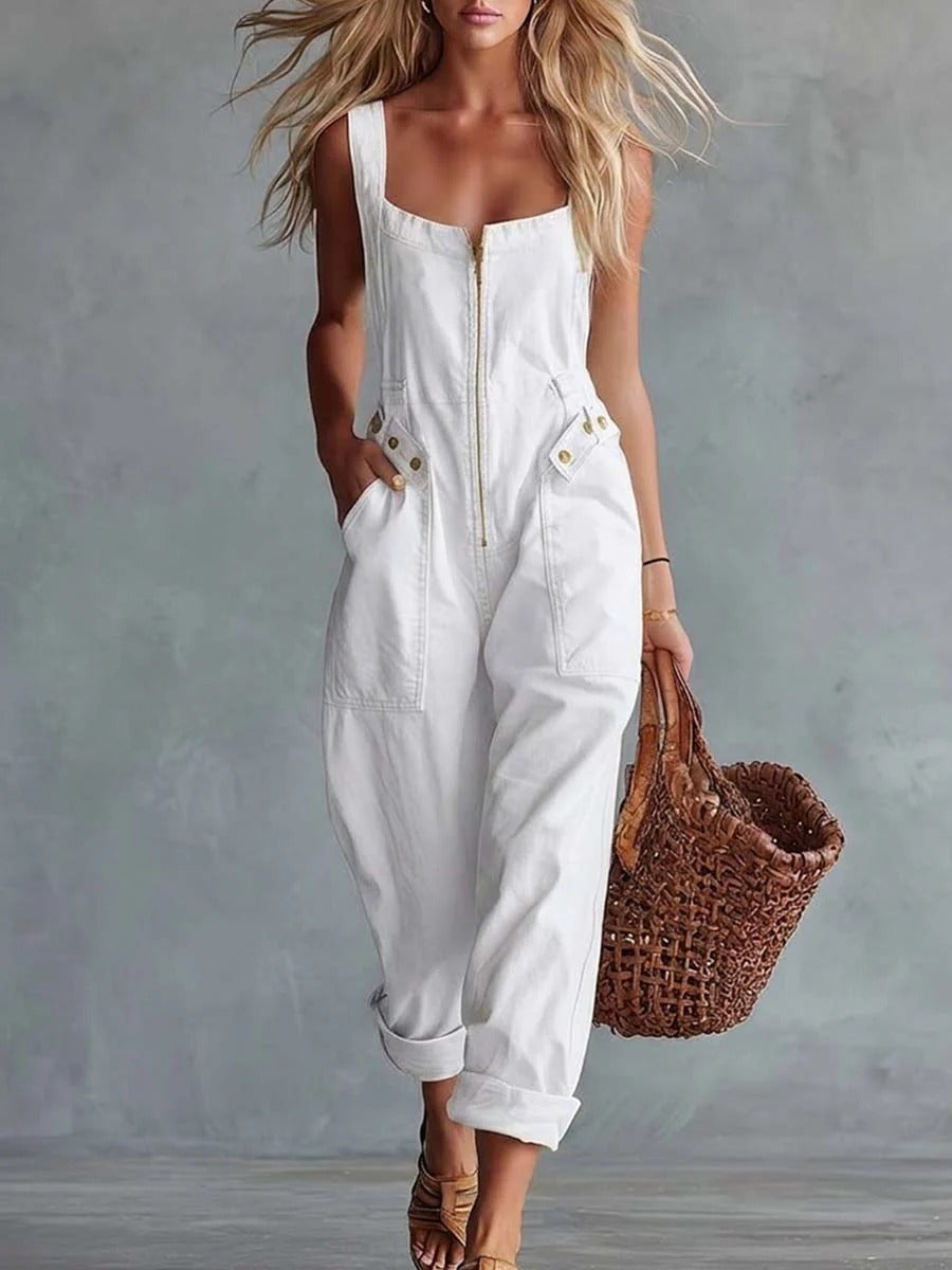 Camilla | Retro Denim Jumpsuit with Square Neck and Front Zip