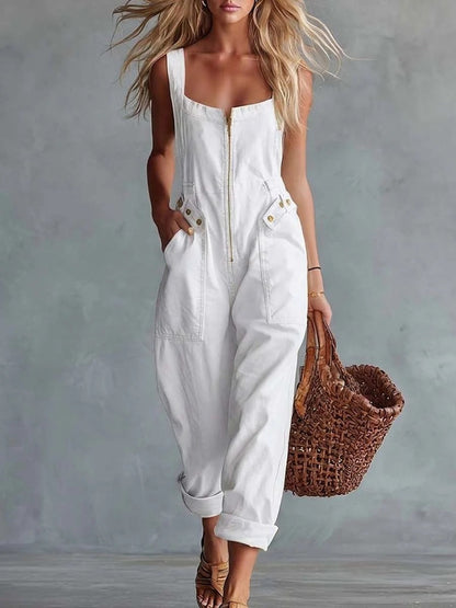 Camilla | Retro Denim Jumpsuit with Square Neck and Front Zip