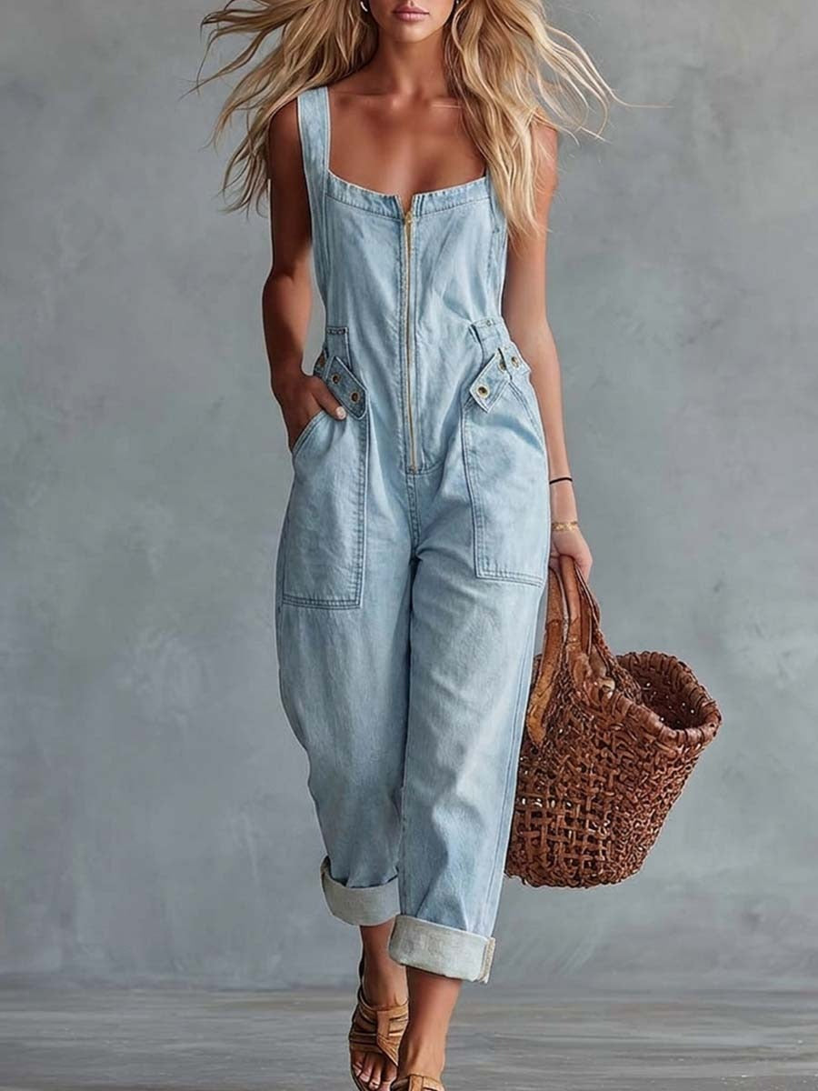 Camilla | Retro Denim Jumpsuit with Square Neck and Front Zip