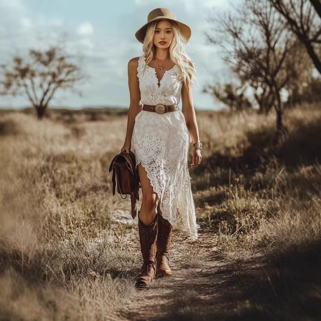 Melissa | Elegant Boho Lace Dress with V-Neck and Asymmetric Hem