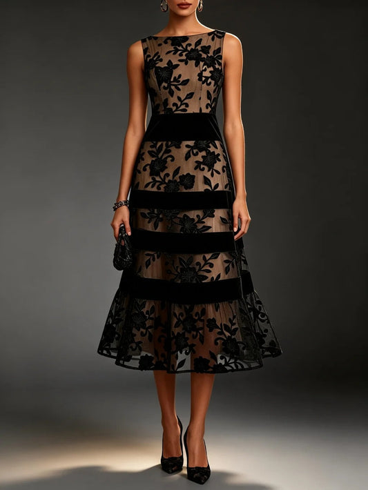 Odette | Floral Embroidered Tulle Midi Dress