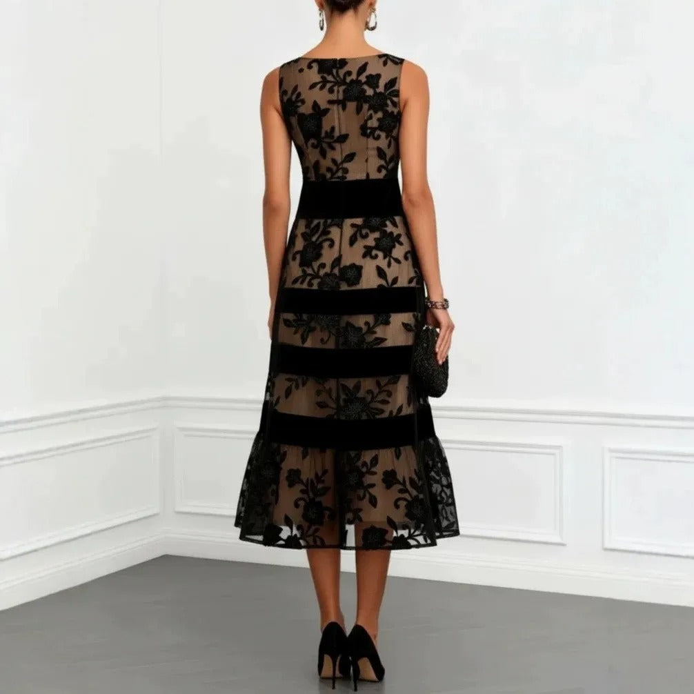 Odette | Floral Embroidered Tulle Midi Dress