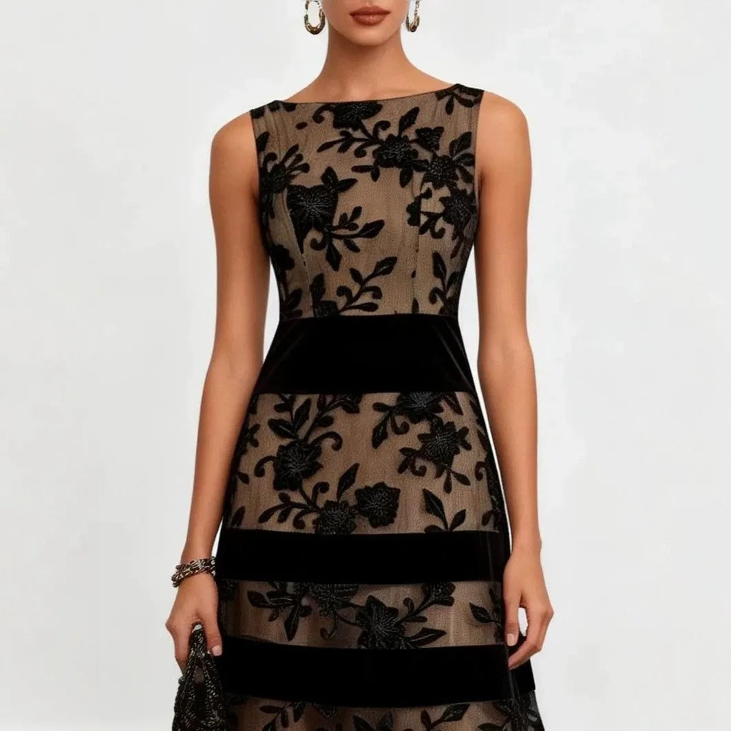 Odette | Floral Embroidered Tulle Midi Dress