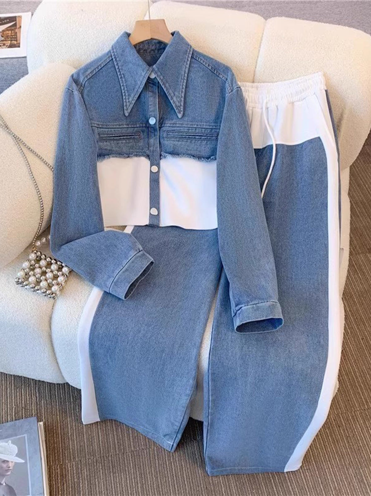 Holbrook | Colour-Block Cropped Jacket and Wide-Leg Trouser Set