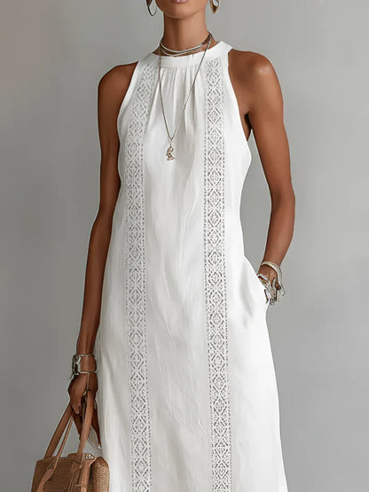 Valeria | Elegant Cotton-Linen Midi Dress with Mandarin Collar