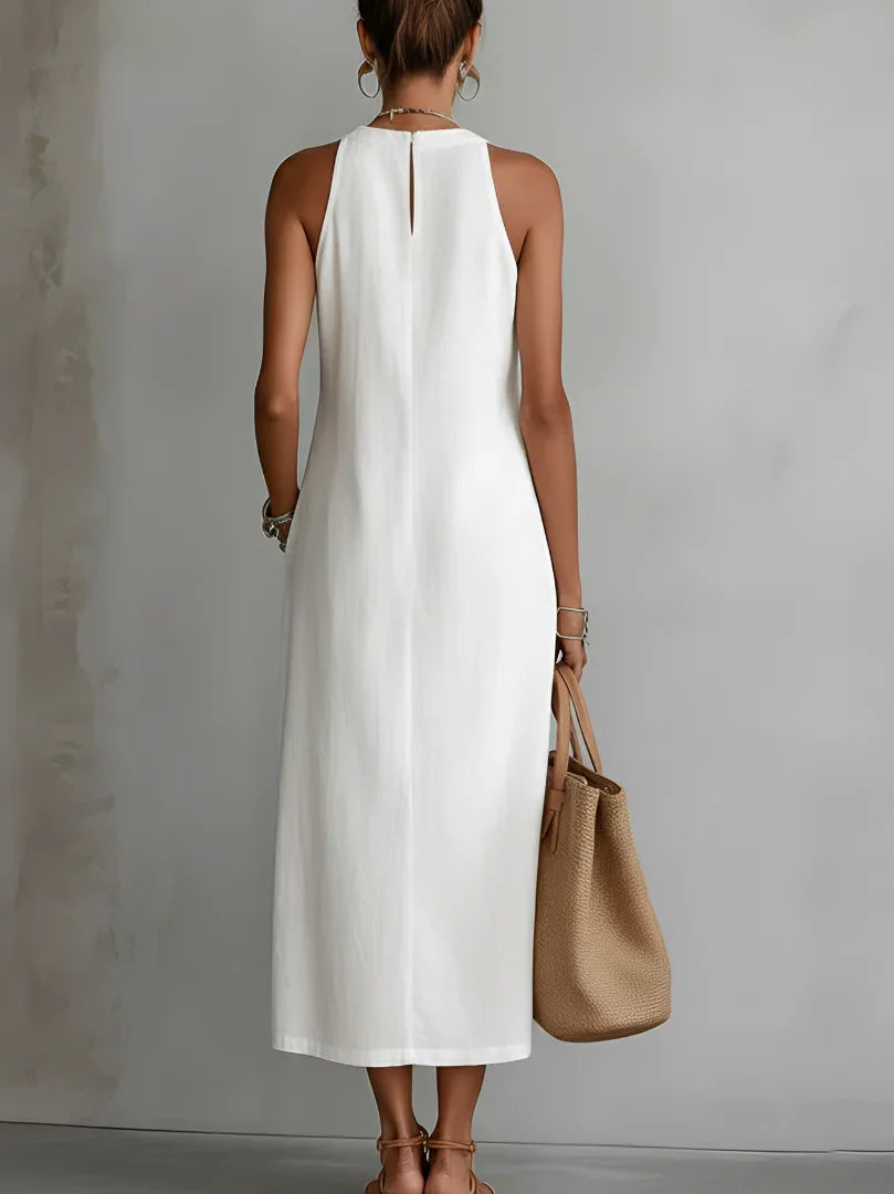 Valeria | Elegant Cotton-Linen Midi Dress with Mandarin Collar