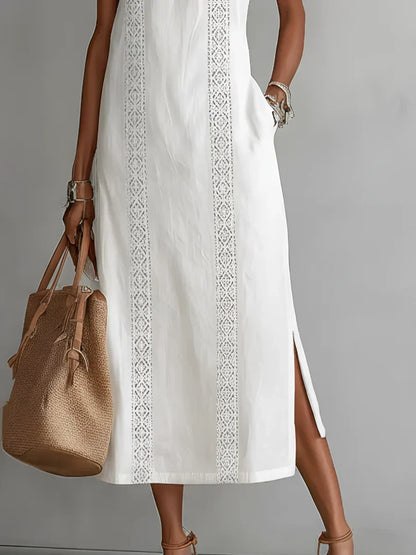 Valeria | Elegant Cotton-Linen Midi Dress with Mandarin Collar