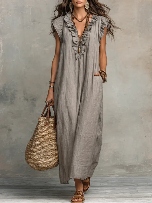 Camelia | Bohemian Maxi Dress with Ruffled V-Neck