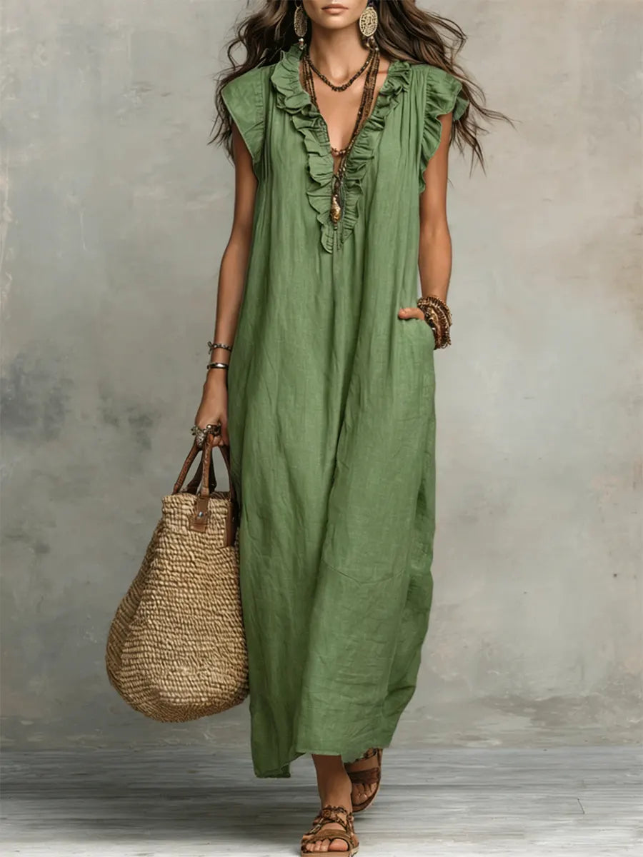 Camelia | Bohemian Maxi Dress with Ruffled V-Neck