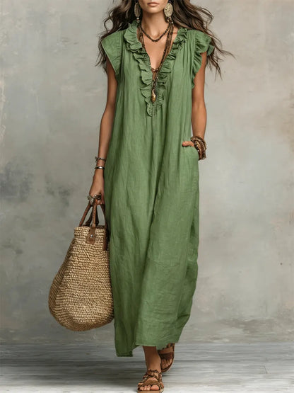 Camelia | Bohemian Maxi Dress with Ruffled V-Neck