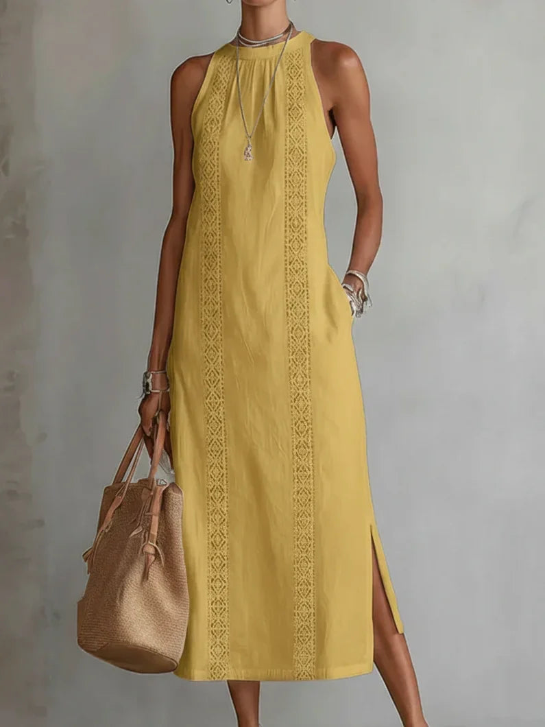 Valeria | Elegant Cotton-Linen Midi Dress with Mandarin Collar