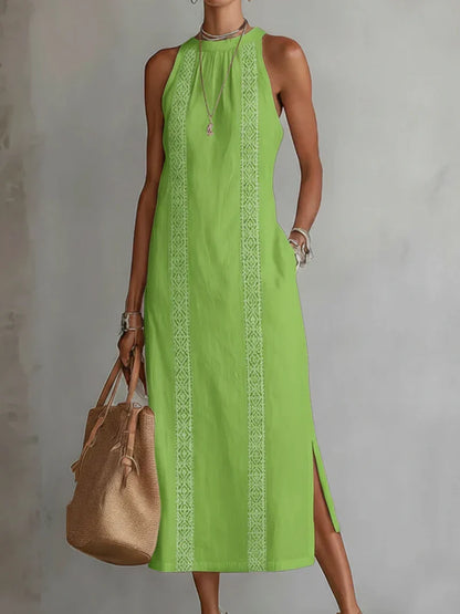 Valeria | Elegant Cotton-Linen Midi Dress with Mandarin Collar