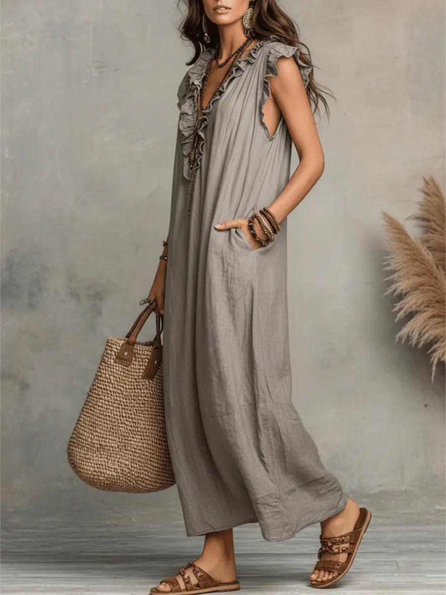 Camelia | Bohemian Maxi Dress with Ruffled V-Neck