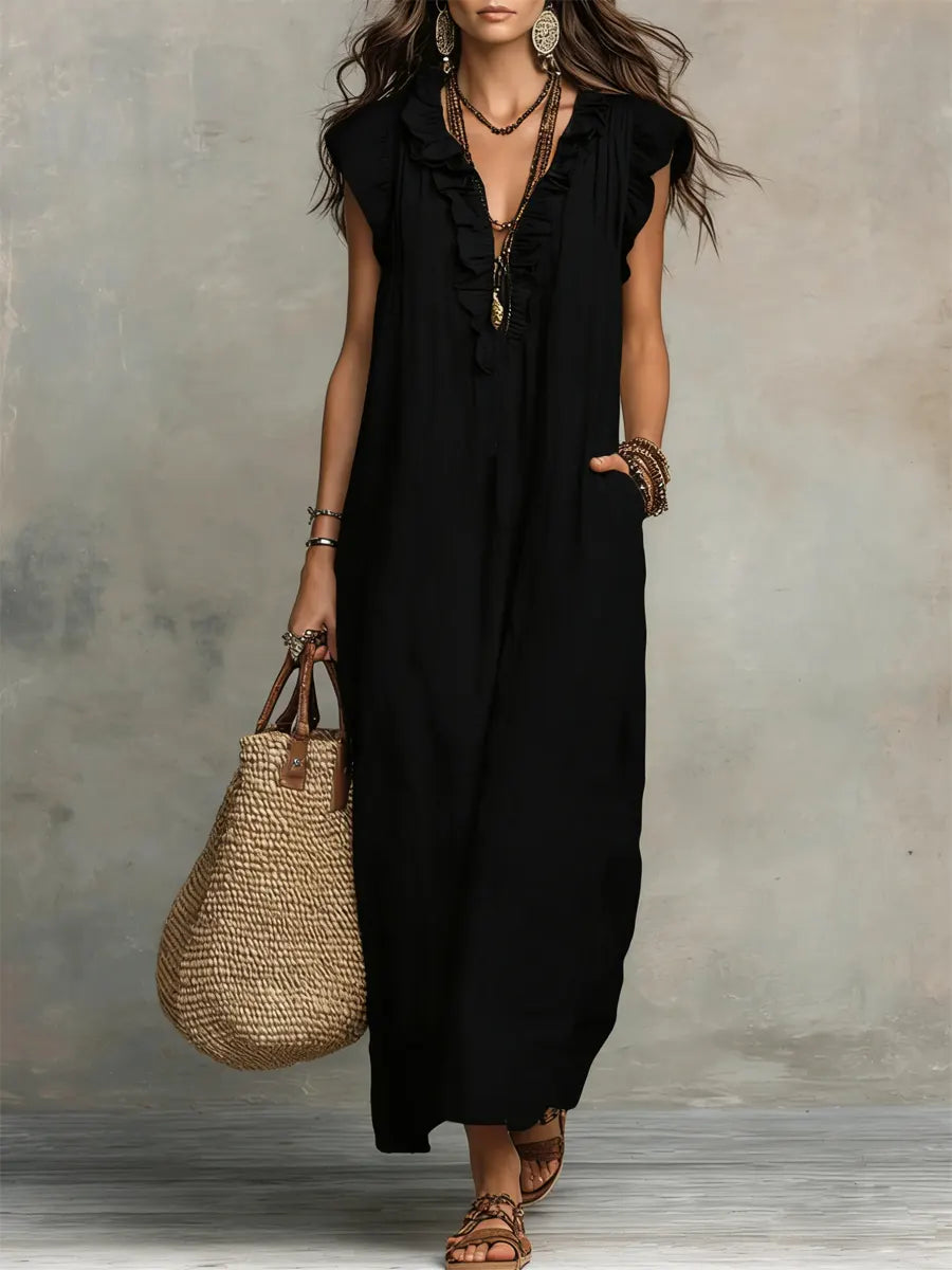 Camelia | Bohemian Maxi Dress with Ruffled V-Neck