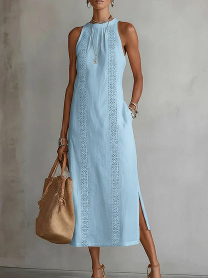 Valeria | Elegant Cotton-Linen Midi Dress with Mandarin Collar