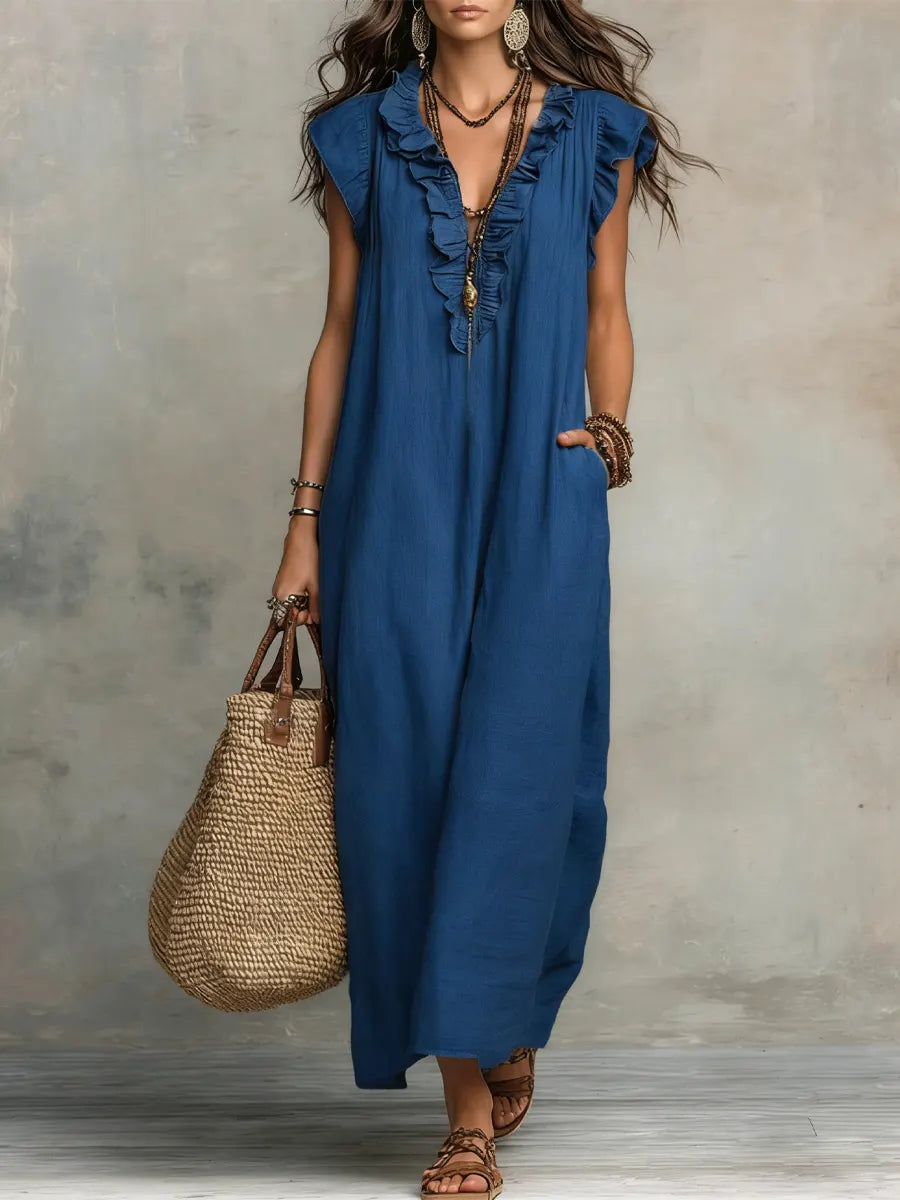 Camelia | Bohemian Maxi Dress with Ruffled V-Neck
