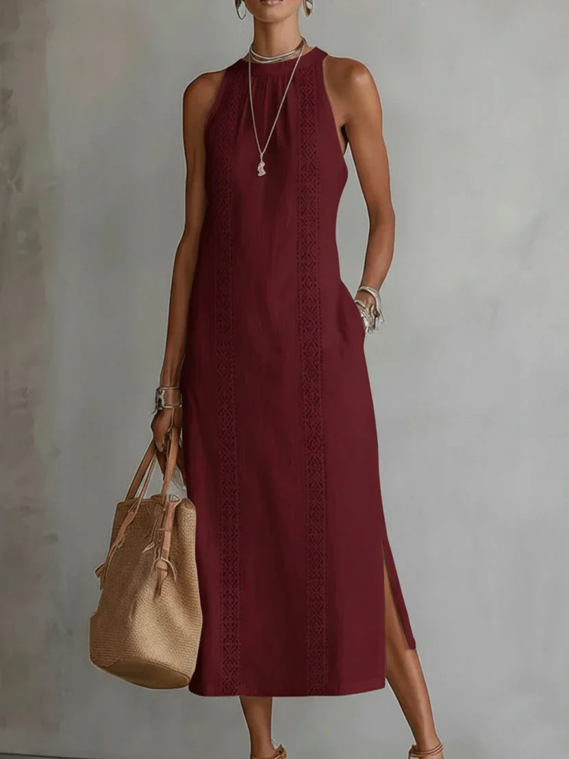 Valeria | Elegant Cotton-Linen Midi Dress with Mandarin Collar