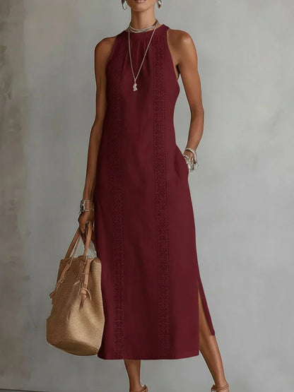 Valeria | Elegant Cotton-Linen Midi Dress with Mandarin Collar