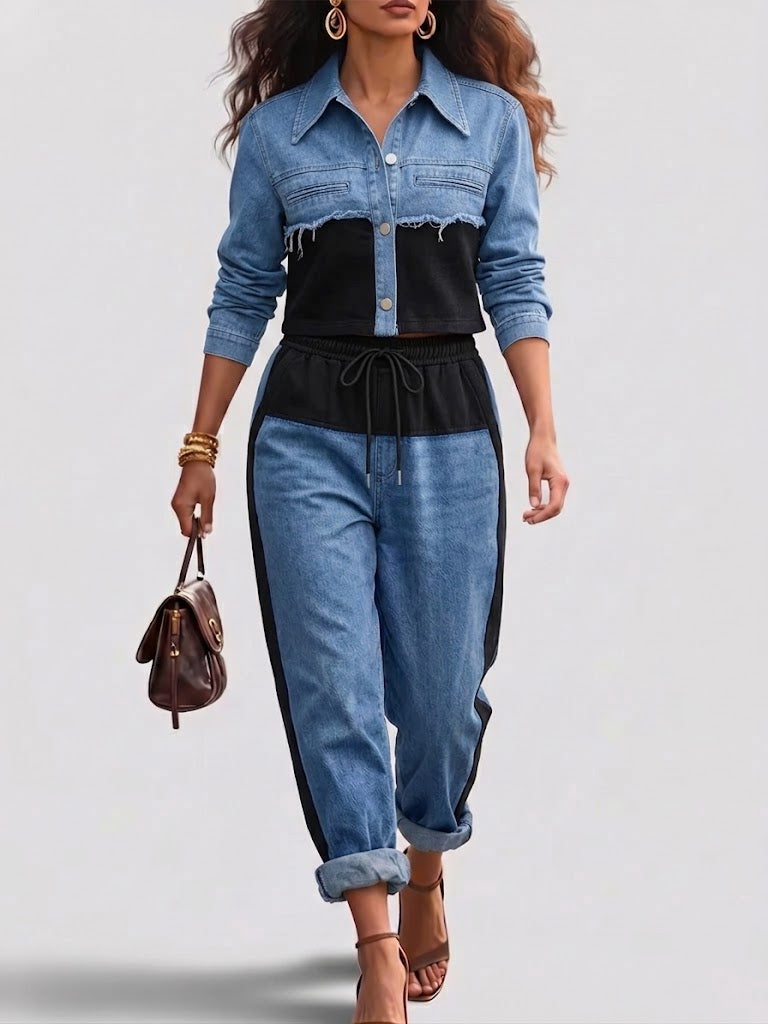 Holbrook | Colour-Block Cropped Jacket and Wide-Leg Trouser Set